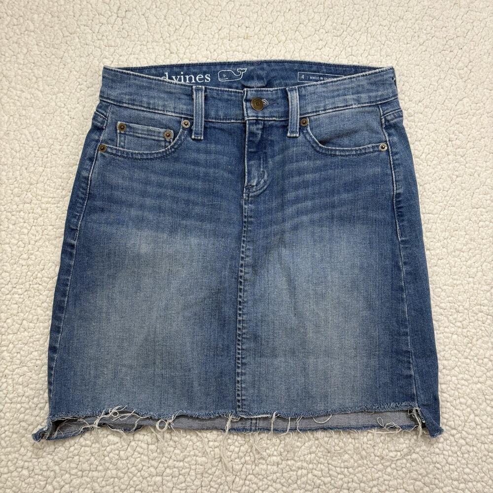 Vineyard Vines Denim Skirt Size 4 Blue Jean Cotton Blend Raw Hem‎ Mini Med Wash
